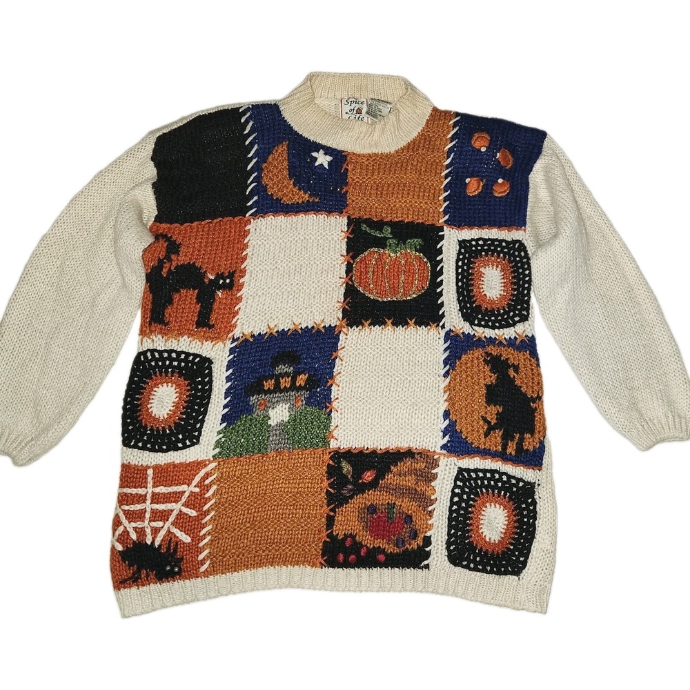 Vintage 90s Halloween Sweater XL Black Cat Pumpkin Patchwork Grandmacore Novelty